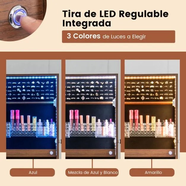 Armário para jóias com espelho de corpo inteiro iluminado com luzes LED  2 gavetas 3 ângulos ajustáveis Castanho