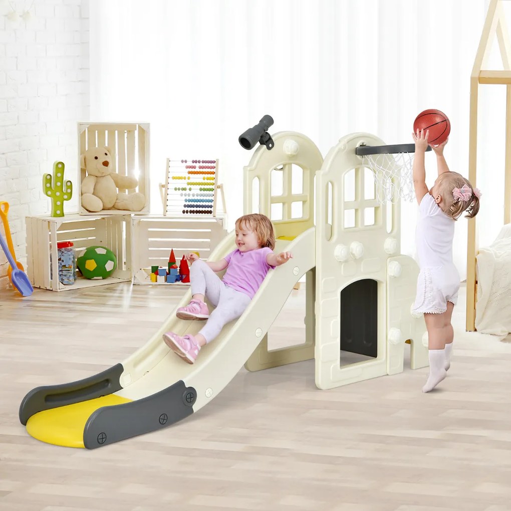 Escorrega infantil grande 6 em 1 com jogo de arremesso de bola de basquete Telescópio Interior Exterior 189,5 x 83 x 98 cm Amarelo