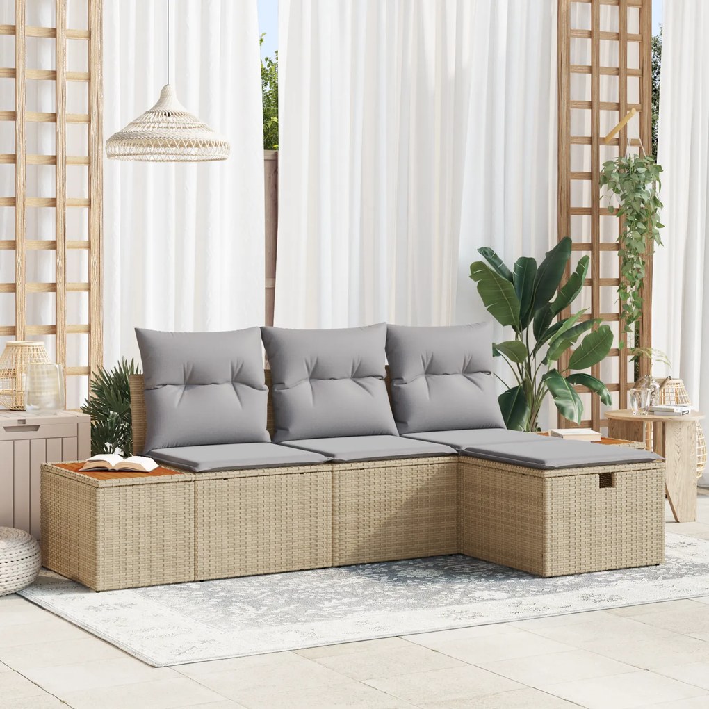 Conjunto de Sofá de Jardim de 4 Peças com Almofadas Bege Rattan Poli