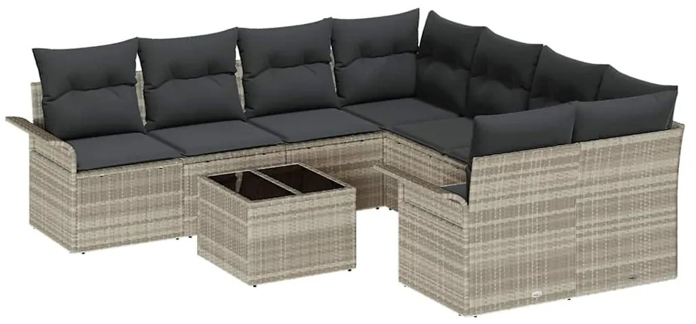 Conjunto de sofás de jardim com 9 peças e almofadas cinzas claras em r
