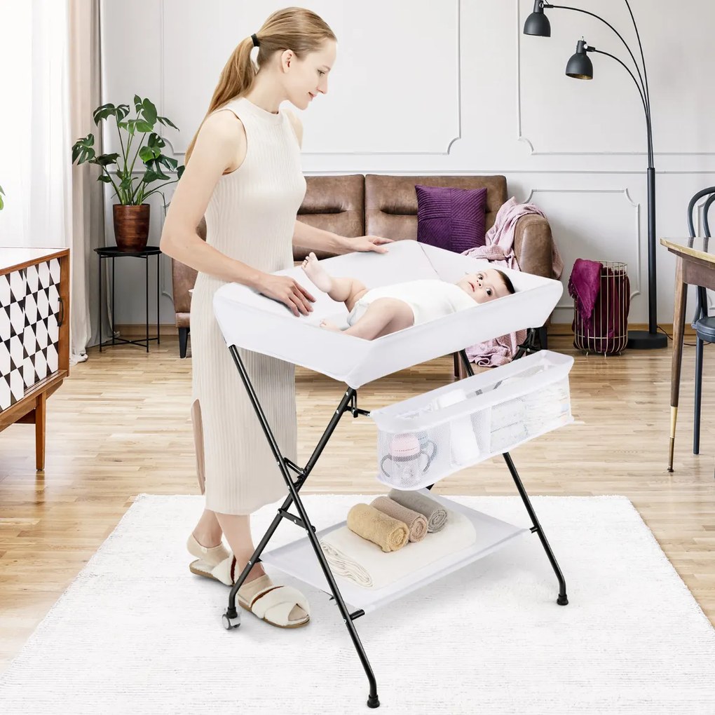 Trocador de Fraldas para bebé dobrável portátil com cesto de fraldas de 3 compartimentos e prateleira para bebês 80 x 63 x 103 cm Branco