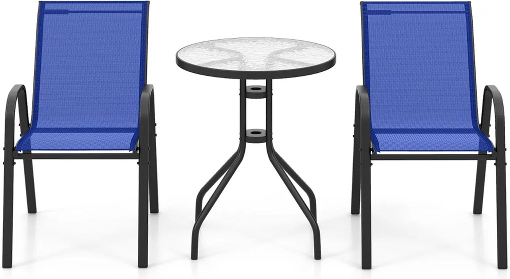 Conjunto de móveis Jardim Bistrô de 3 peças, 2 cadeiras em tecido e 1 mesa em vidro temperado azul