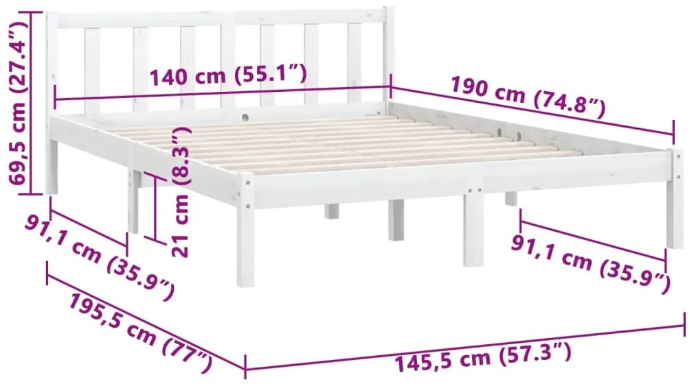 Estrutura de cama 140x190 cm pinho maciço branco