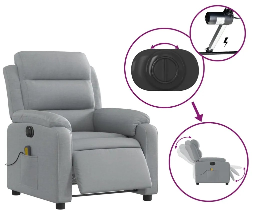 Poltrona de massagens reclinável elétrica tecido cinzento-claro