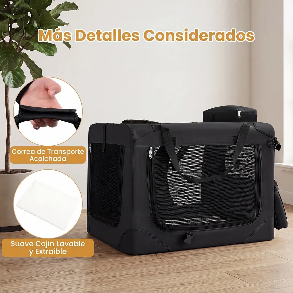 Transportadora dobrável tamanho M 72 x 52,5 x 52,5 cm para animais de estimação, com janelas de rede, 3 portas, cama felpuda e bolsos removíveis, para