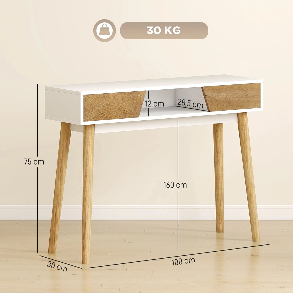 Mesa de Consola Estreita Consola de Entrada Moderna com 2 Gavetas Compartimento e Pés de Madeira 100x30x75 cm Branco