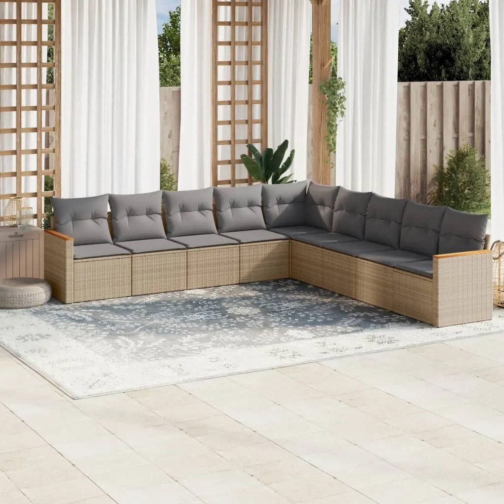 vidaXL 9 pcs conj. sofás jardim c/ almofadões vime PE bege misturado
