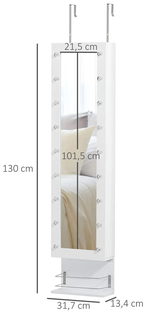 HOMCOM Espelho com Móvel de Bijuterias de Parede ou Porta Armário Guarda Jóias com 18 Luzes LED Altura Ajustável e Prateleira Aberta Organizador de Jóias 31,7x13,4x130cm Branco