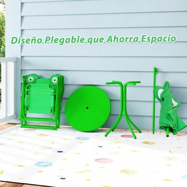 Conjunto de piquenique para Crianças 3-6 anos Mesa de atividades ao ar livre com 2 cadeiras dobráveis e guarda-sol ajustável em altura Verde
