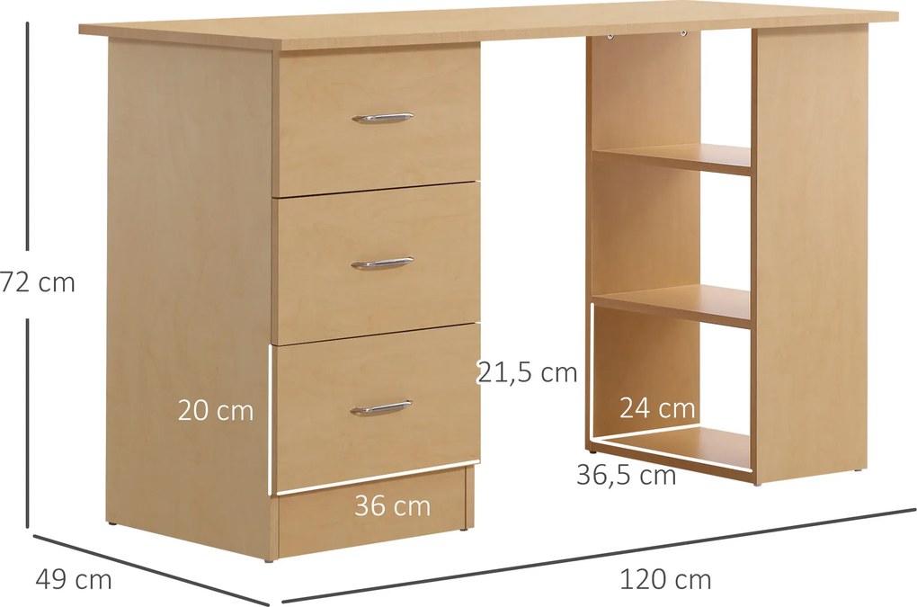 Secretária com 3 gavetas e 3 prateleiras abertas 120 x 49 x 72 cm madeira clara