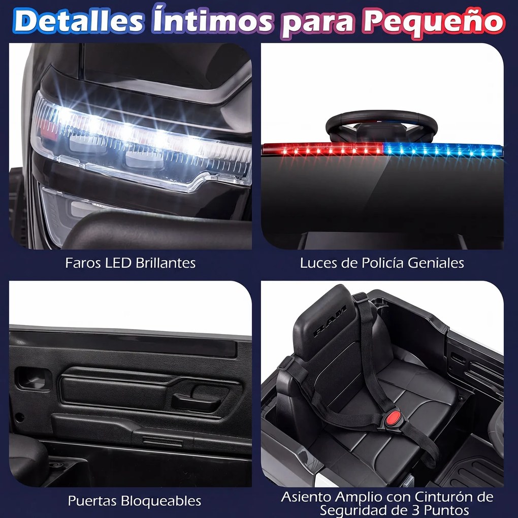 Carro Elétrico Infantil de Polícia, 96,5 x 61 x 48,5 cm, Com Comando à Distância, Preto e branco