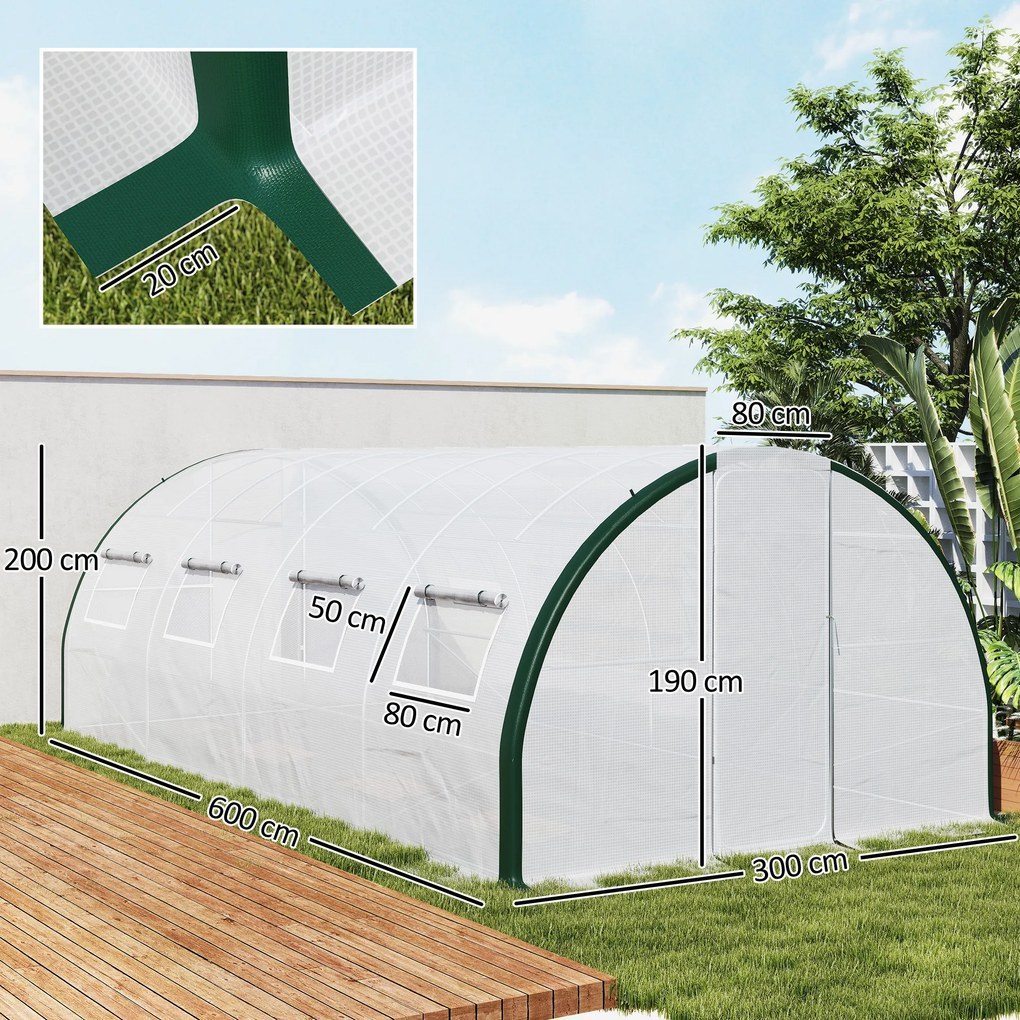 Estufa tipo túnel para jardim 600 x 300 x 200 cm com 18 m², estufa tipo túnel para jardim com portas e 8 janelas, lona de PE de 140 g/m², branca