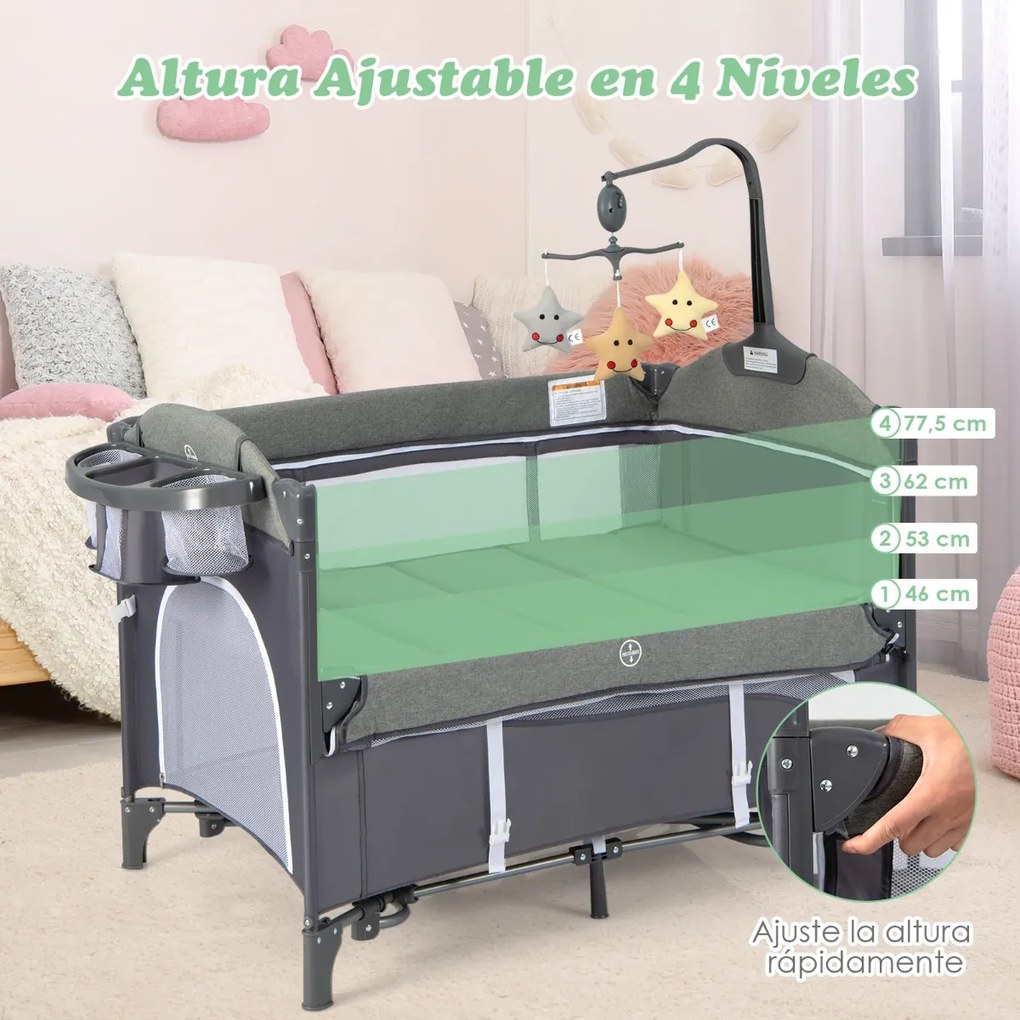 Berço multifuncional 5 em 1 dobrável para troca de fraldas com caixa de música e brinquedos pendurados 110 x 82 x 82 cm Azul