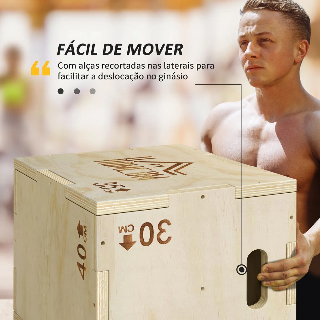 Caixa Pliométrica de Madeira 3 em 1 Plataforma de Caixa Pliométrica com 3 Alturas Diferentes 2 Pegas Treino de Salto Força 40,5x35,5x30,5 cm Madeira