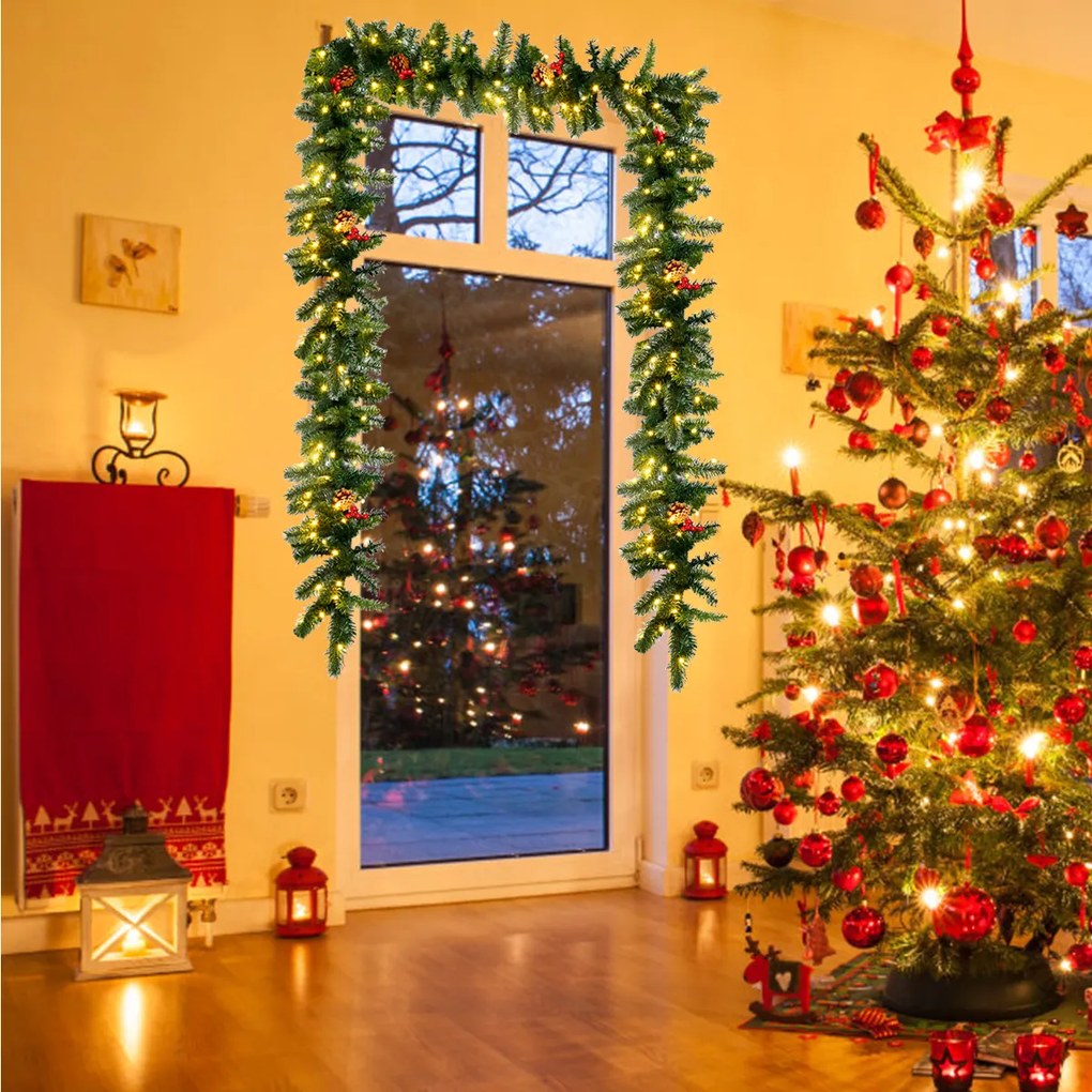 Grinalda de Natal de Pinheiro Iluminado 270 cm Grinalda de Natal Artificial com 100 Luzes LED Bagas Vermelhas Cones de Pinheiro Decorativas com Temporizador