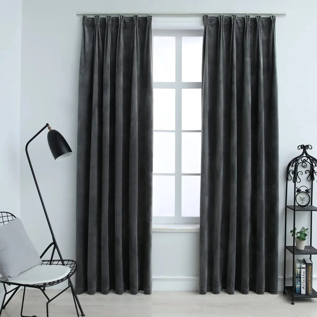 134500 vidaXL Cortinas blackout com ganchos 2 pcs 140x175 cm veludo antracite