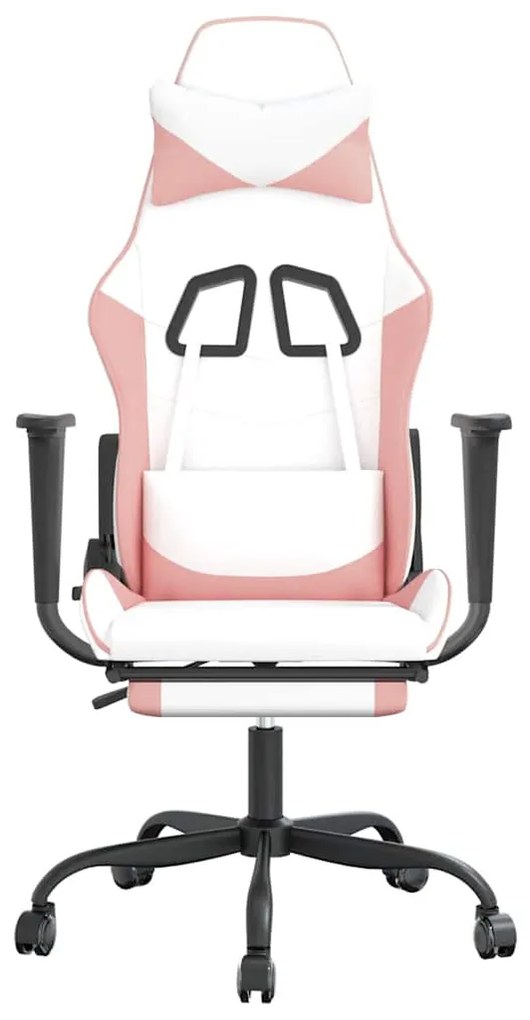 Cadeira gaming massagens c/ apoio pés couro artif. branco/rosa