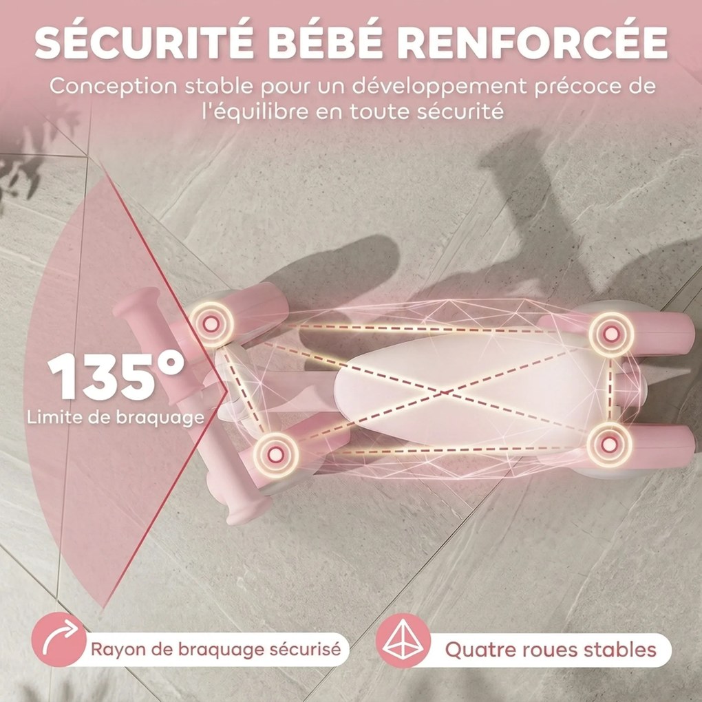 Bicicleta de Equilíbrio para Bebé, 52 x 22 x 37 cm, 4 Rodas Luminosas, Rosa