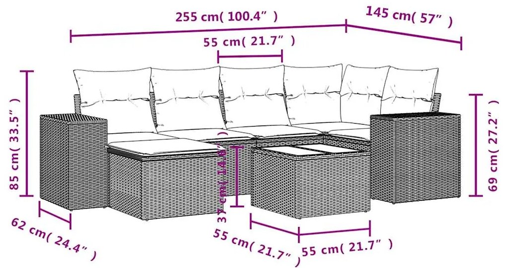 7 pcs conjunto de sofás p/ jardim c/ almofadões vime PE preto