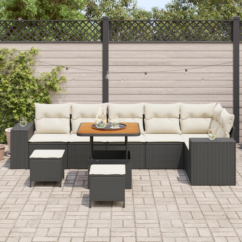 Conjunto de Sofá de Jardim de 9 Peças com Almofadas Preto Rattan Acáci