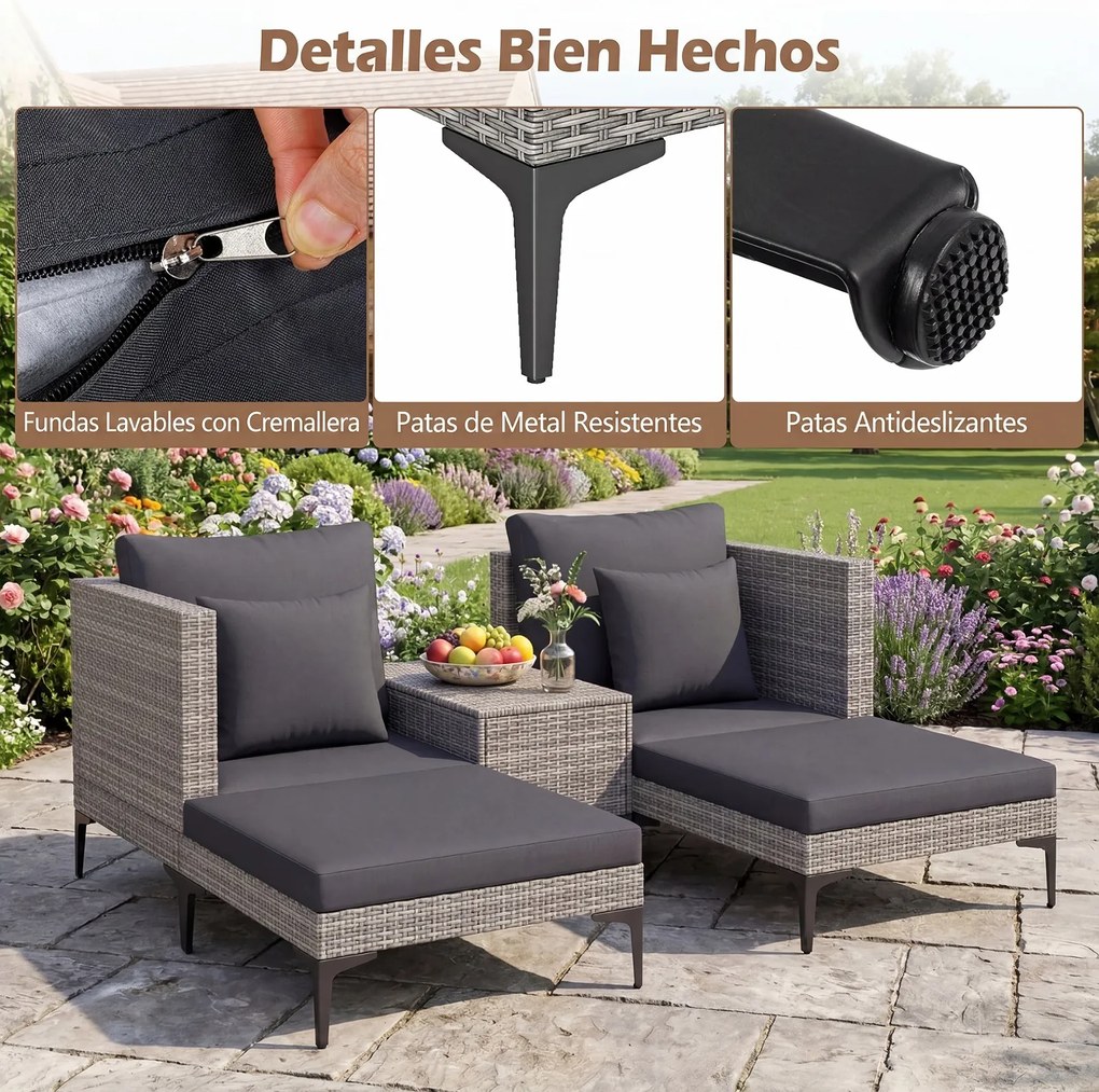 Conjunto jardim de rattan para exterior de 5 peças com mesa auxiliar, 2 sofás, 2 apoios para os pés, almofadas e travesseiros macios, modular, para pá