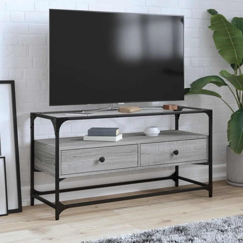 vidaXL Móvel de TV c/ tampo de vidro derivados madeira cinzento sonoma