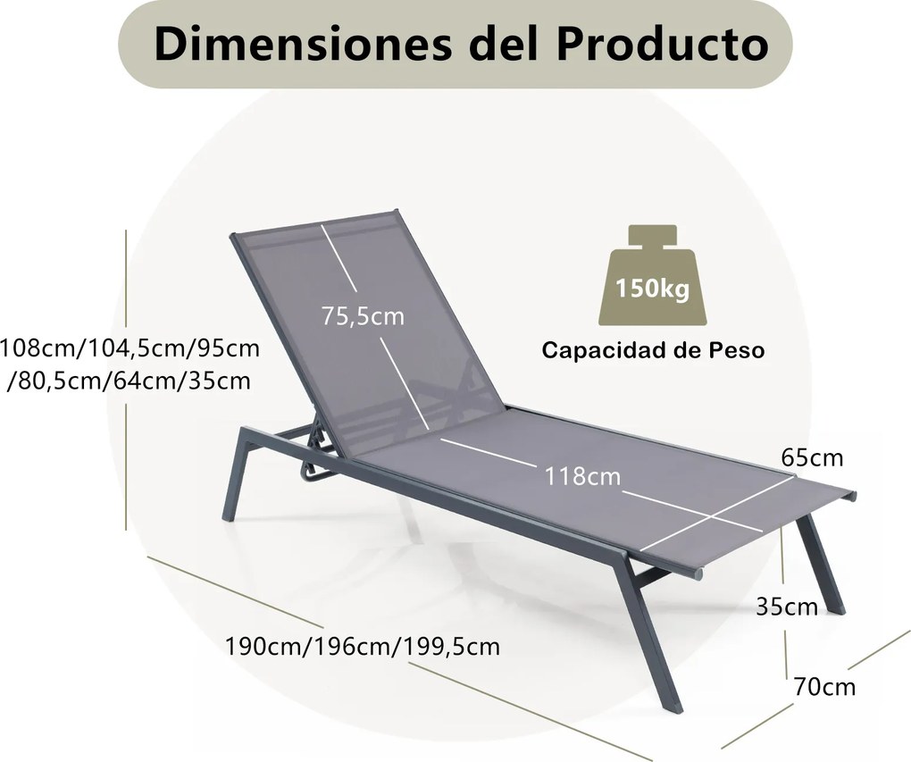 Conjunto de 2 Espreguiçadeiras de Exterior, 199 x 70 cm, Encosto Ajustável em 6 Níveis, Cinzento