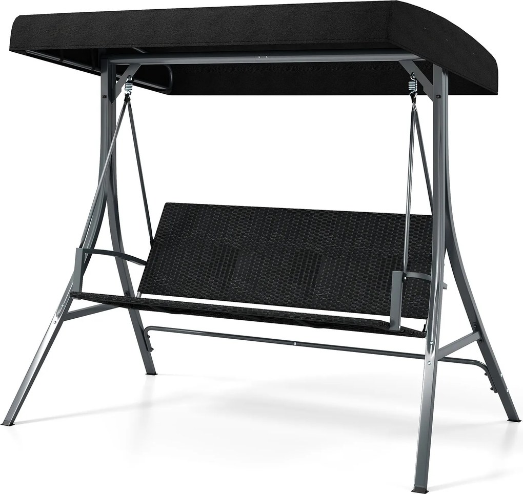 Baloiço de jardim para 3 pessoas 118 x 192 x 165 cmtipo Hollywood com toldo e encosto em rattan e estrutura em metal, suporta até Preto