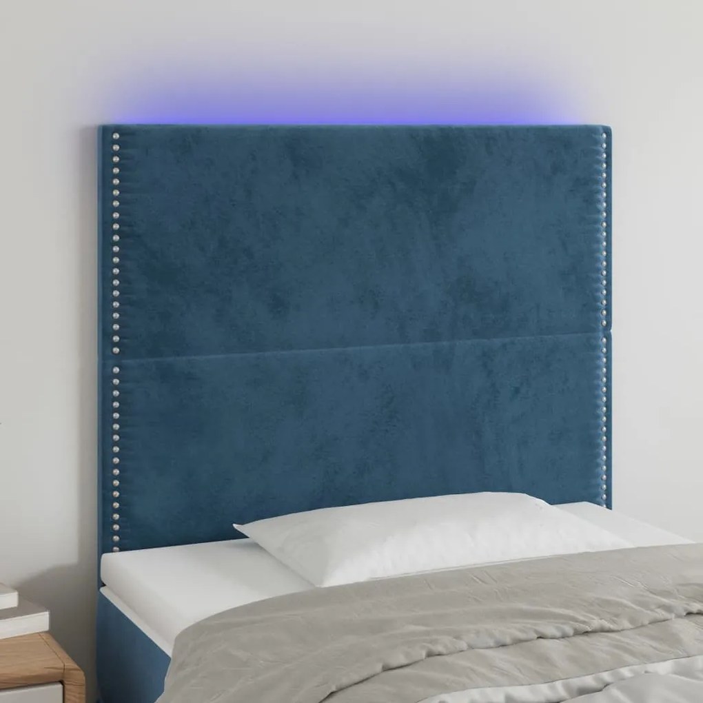 Cabeceira cama c/ luzes LED veludo 90x5x118/128cm azul-escuro