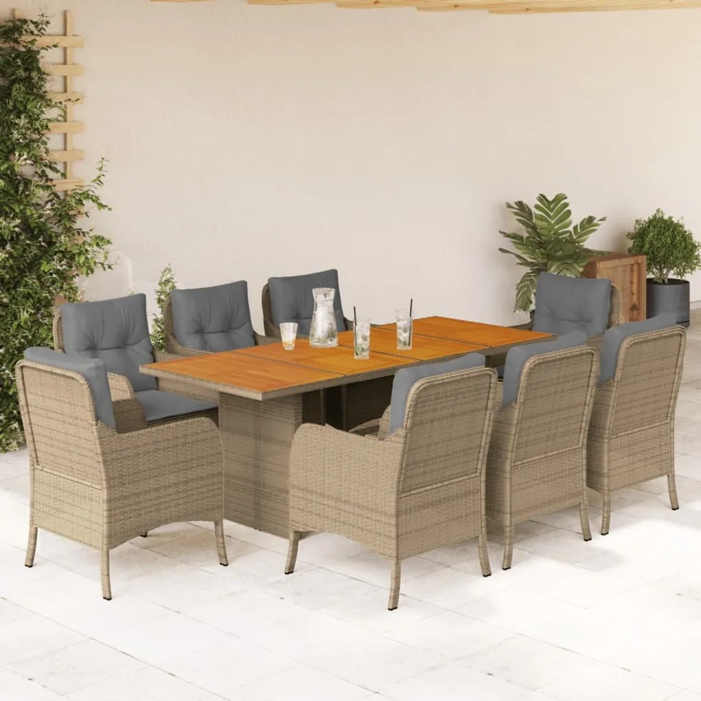 vidaXL 9 pcs conjunto de jantar p/ jardim com almofadões vime PE bege