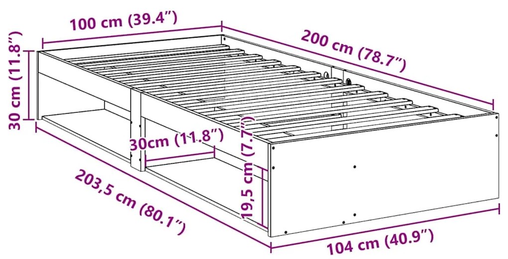 Cama dia sem colchão branco 100x200 cm pinho de madeira maciça