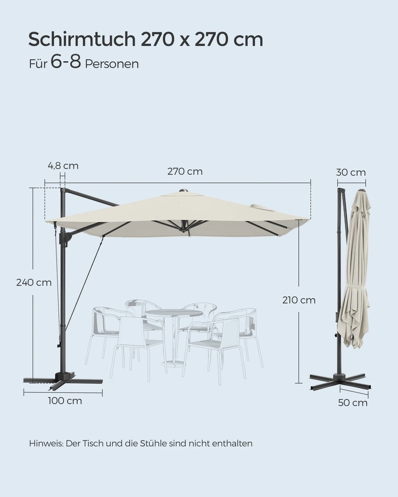 Guarda-sol retangular de 270 x 270 cm com manivela e base em cruz branco creme