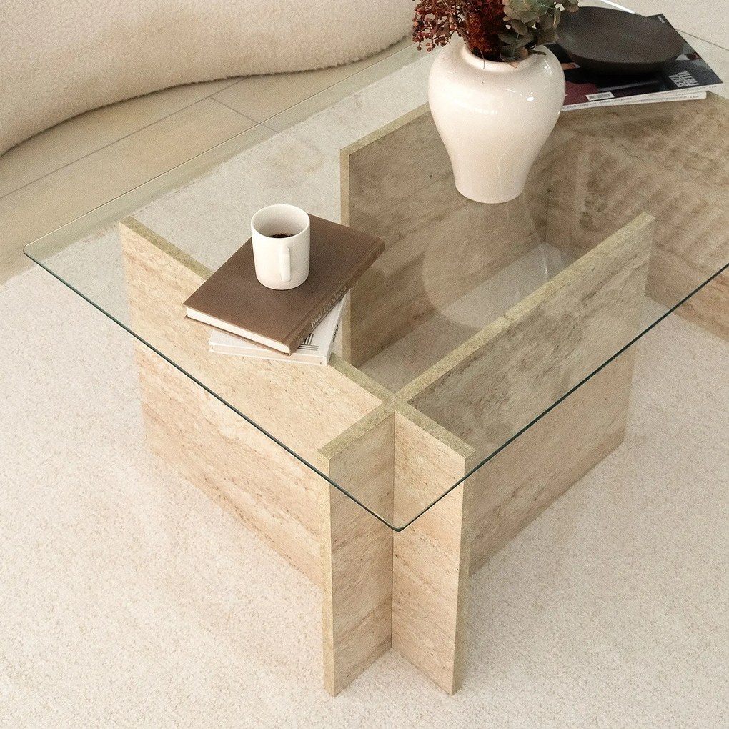 Mesa de Centro em Vidro e Travertino – New Escape – 105x65x40 cm