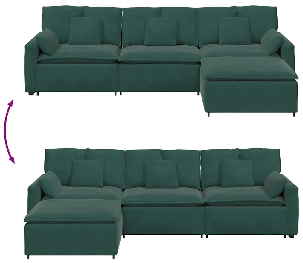 Sofá modular com pufes e almofadas verde-escuro