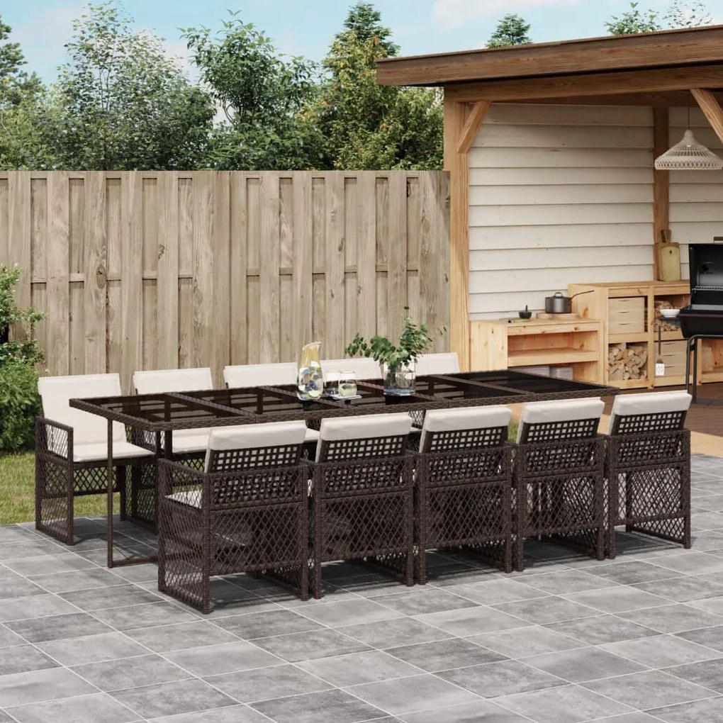 11 pcs conjunto jantar p/ jardim c/ almofadões vime PE castanho