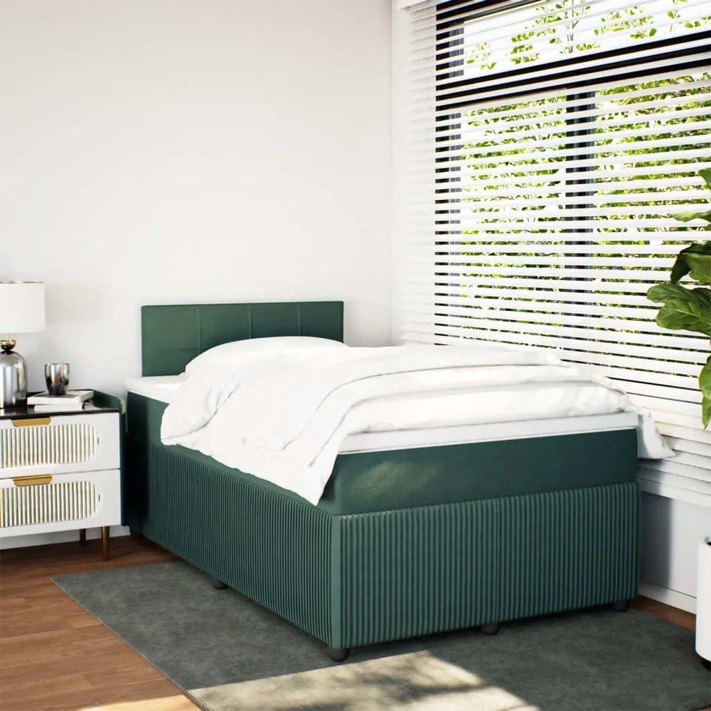 Cama boxspring com colchão 120x200 cm veludo verde-escuro