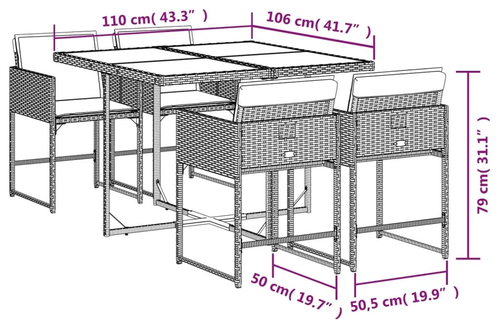 5 pcs conjunto de jantar p/ jardim c/ almofadões vime PE cinza