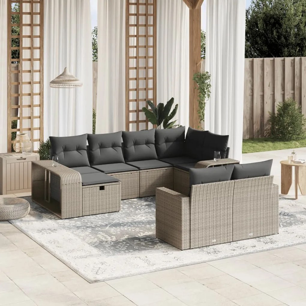 vidaXL 10 pcs conj. sofás jardim com almofadões vime PE cinzento-claro