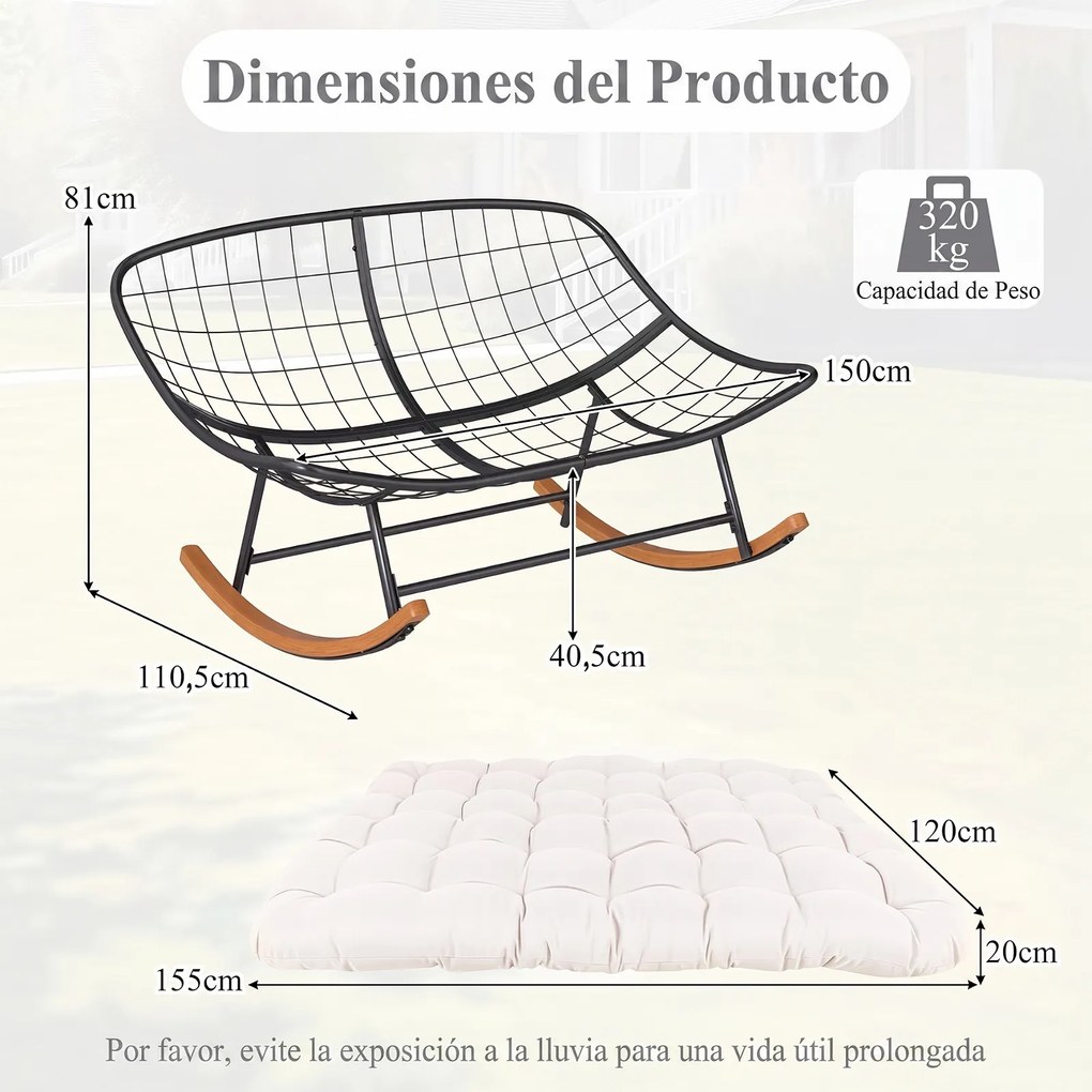 Cadeira de Baloiço Dupla, 150 x 110,5 x 81 cm, Estrutura Metálica Reforçada, Bege