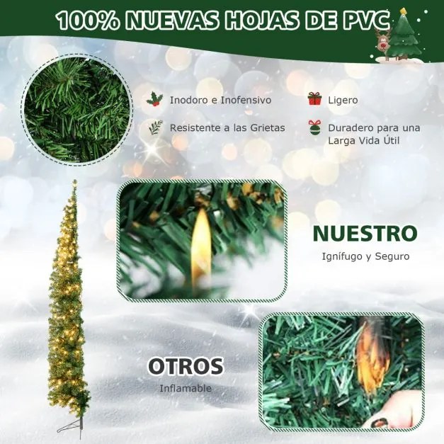 Árvore de Natal de 210 cm em forma de meia árvore pré-iluminada com economia de espaço 450 pontas de ramos 150 luzes LED Suporte de metal dobrável