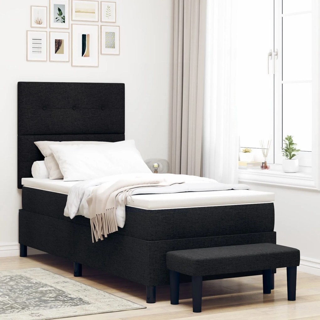 Cama Box Spring com Colchão e Banco Preto 90x190 cm Tecido