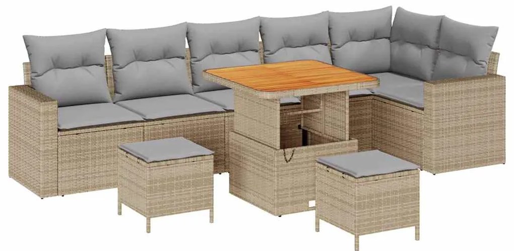 Conjunto de Sofá de Jardim com 9 Peças e Almofadas Bege em Poly Rattan