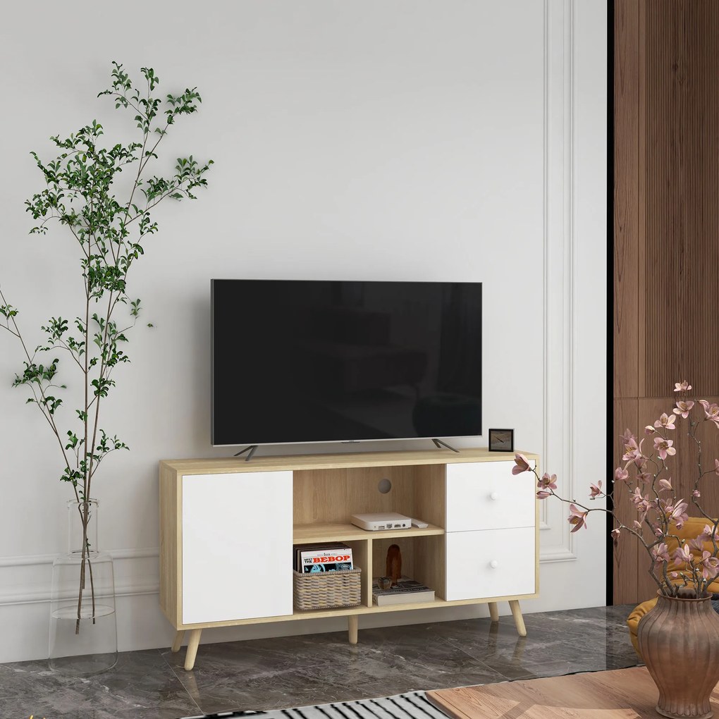 Móvel para televisão até 45 polegadas, com pés em madeira maciça, 120 x 30 x 60 cm Branco e Natural