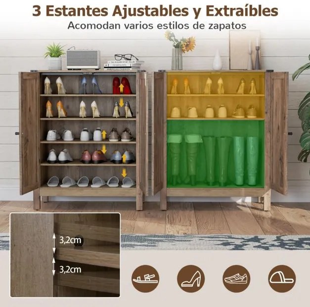 Sapateira 80 x 35,5 x 100 cm com portas para sapatos de 5 níveis com prateleiras ajustáveis Sapateira independente em madeira castanha