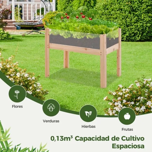 Floreira de madeira elevada com pernas, orifícios de drenagem e painéis acrílicos Canteiro de frutas e legumes 100 cm x 59 cm x 77 cm Natural