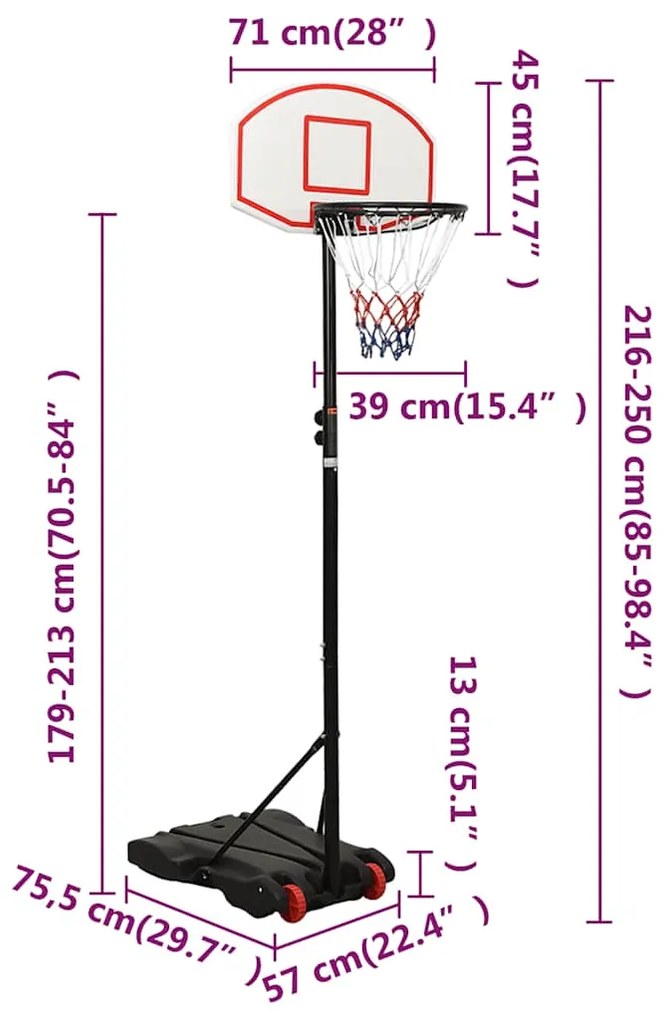 Tabela de basquetebol 216-250 cm polietileno branco
