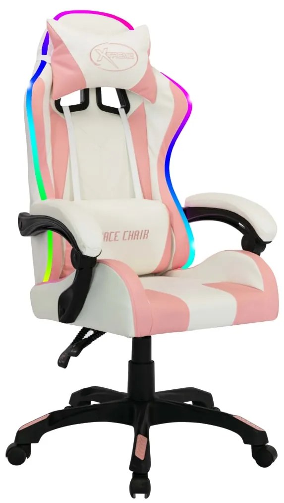 Cadeira estilo corrida c/ luzes LED RGB couro artif. rosa/preto