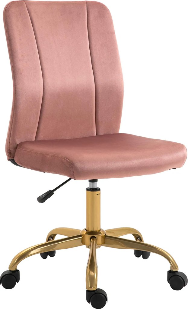 Cadeira de escritório giratória a 360°, ergonómica, encosto curvo, altura ajustável, revestimento em veludo, 56 x 60 x 102 cm, rosa e dourado