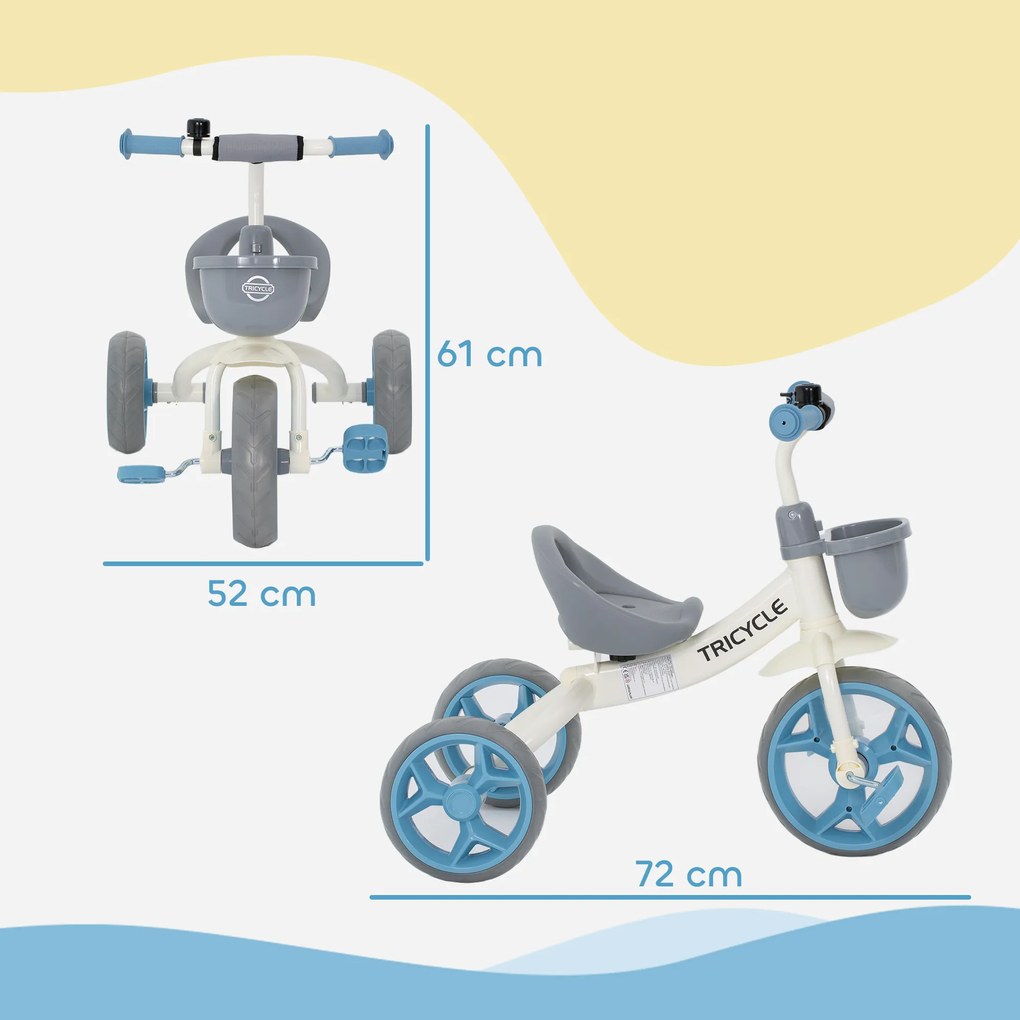 Triciclo infantil ajustável, para crianças dos 2 aos 5 anos, com cesto à frente e rodas em EVA, 72 x 52 x 61 cm, azul