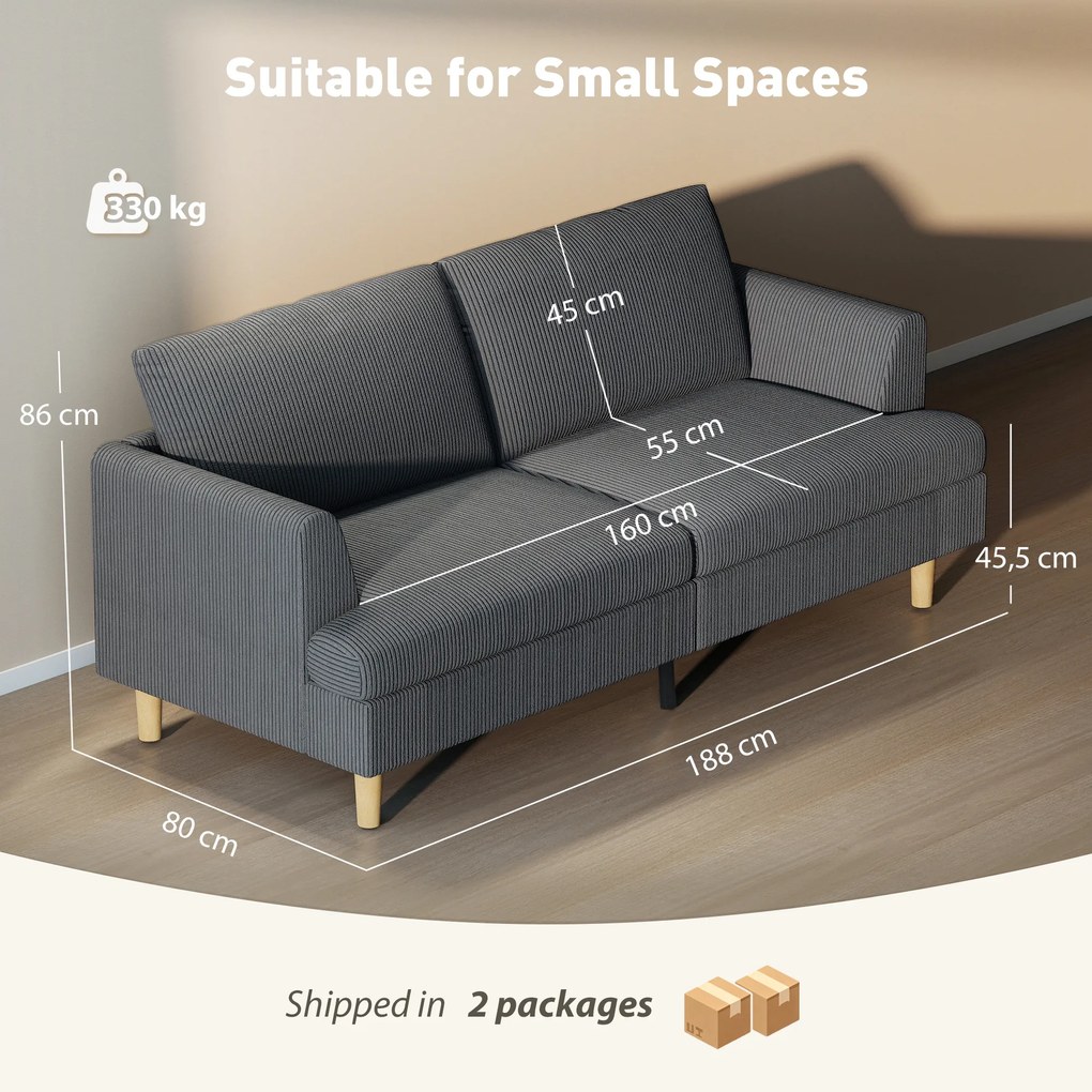 Sofá de 3 Lugares Revestido em Veludo Almofadas Espessas com Molas Assento Largo 2 Almofadas 188x80x86 cm Cinzento Escuro